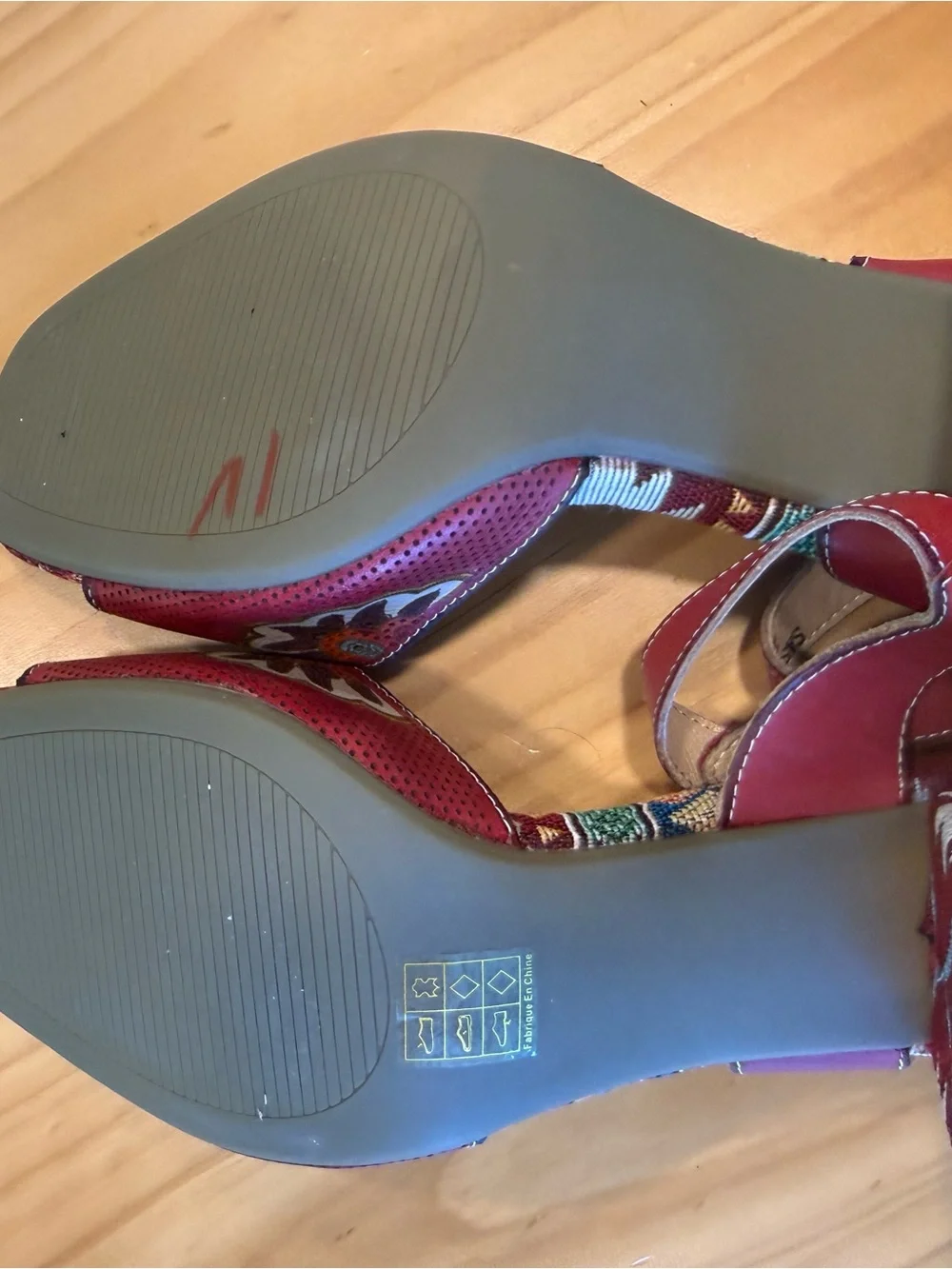 Artisanal Red Patterned Women's Ankle-Strap Sandals by ARTISTE
